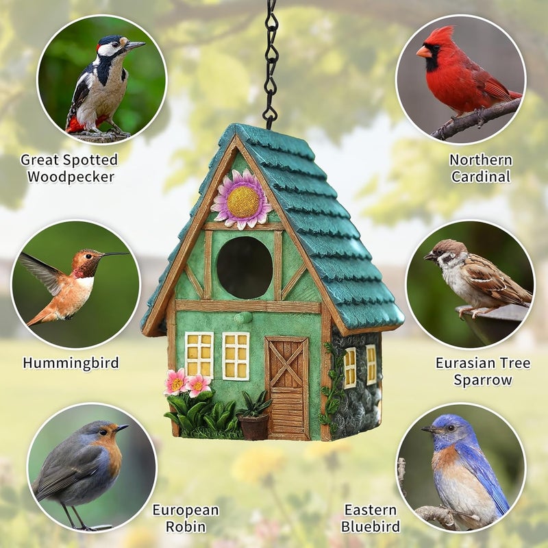 MINWOLF Bird Houses for Outside Cottage-Style Hanging Birdhouse with Flower Accents – Hand-Painted Resin Decorative Birdhouses for Outdoors for Bluebird Finches Cardinals Bird Nesting Garden, Patio, Yard - Image 2